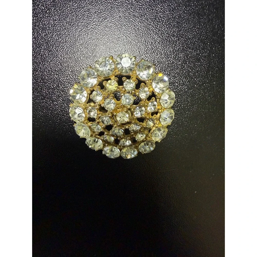 Vintage Gold Tone Clear Rhinestone Round Sunburst Tiered Brooch Pin 1.5 Inch